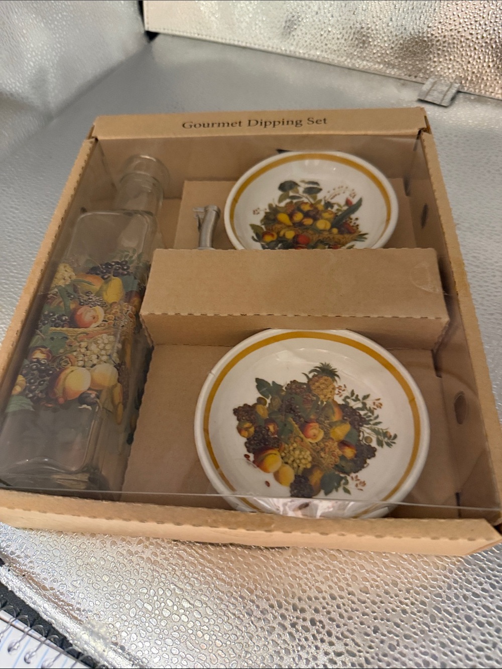 Gourmet Dipping Set with Fruit Motif in White and Gold Trim